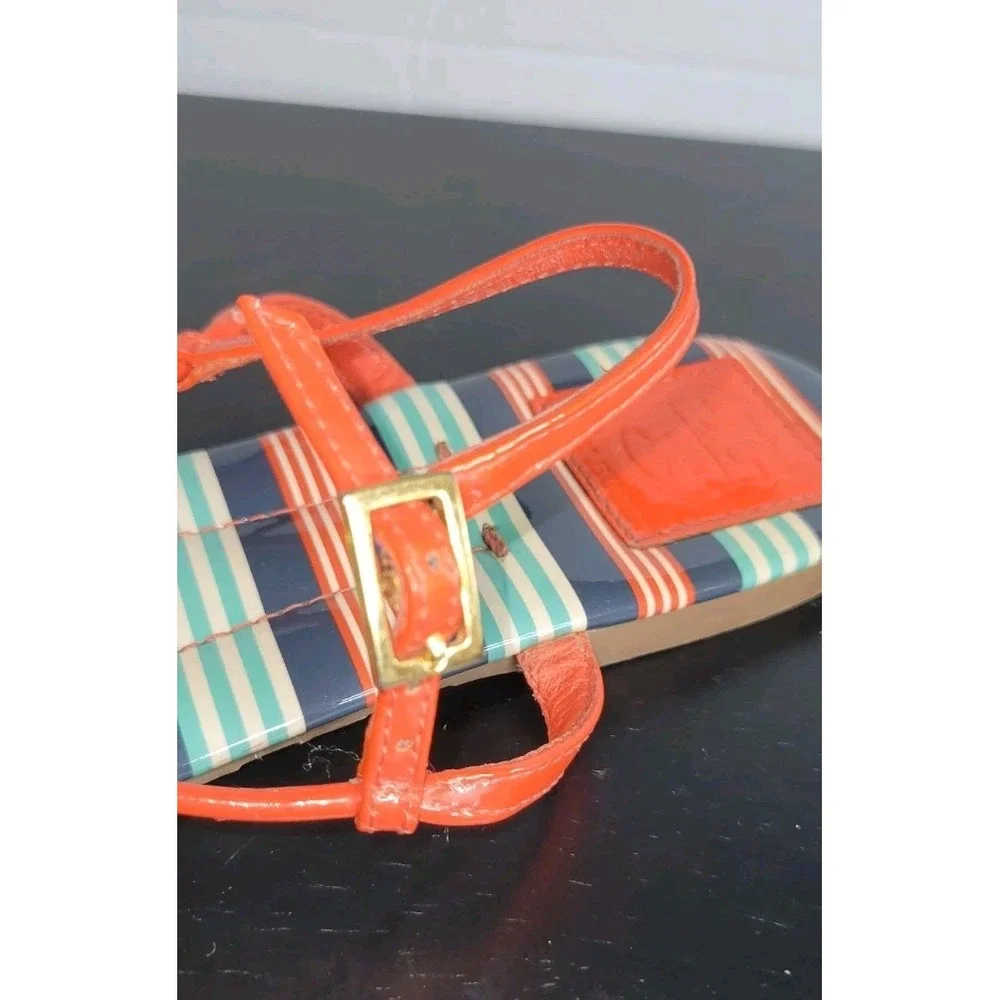 TORY BURCH‎ Sandals Emmy Habanero Stripe Ankle T Strap Buckle Logo Sz 7